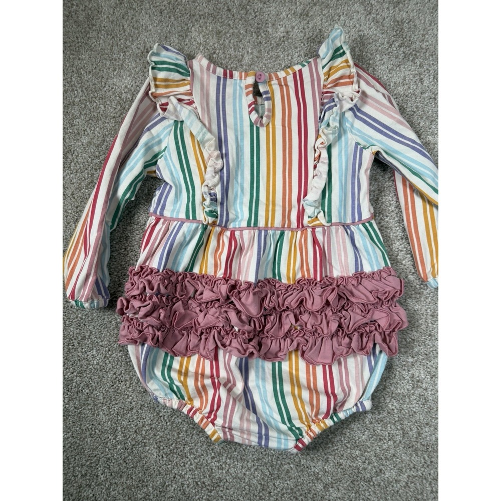 RuffleButts Rainbow Stripe Ruffle Bubble Romper Long Sleeve 18-24